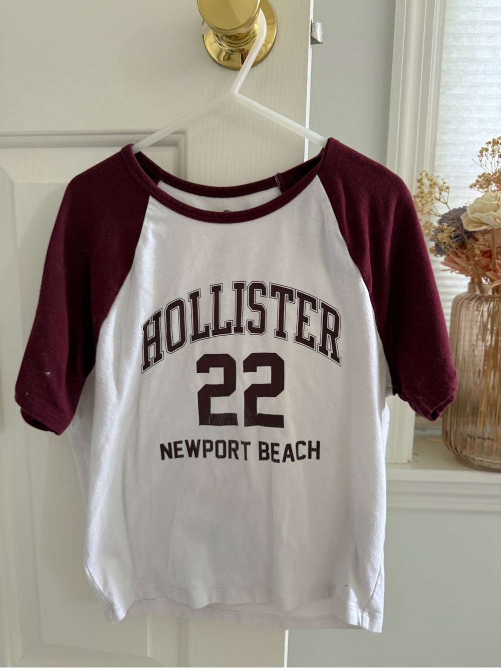Hollister White & Maroon Raglan Tee with Newport Beach '22